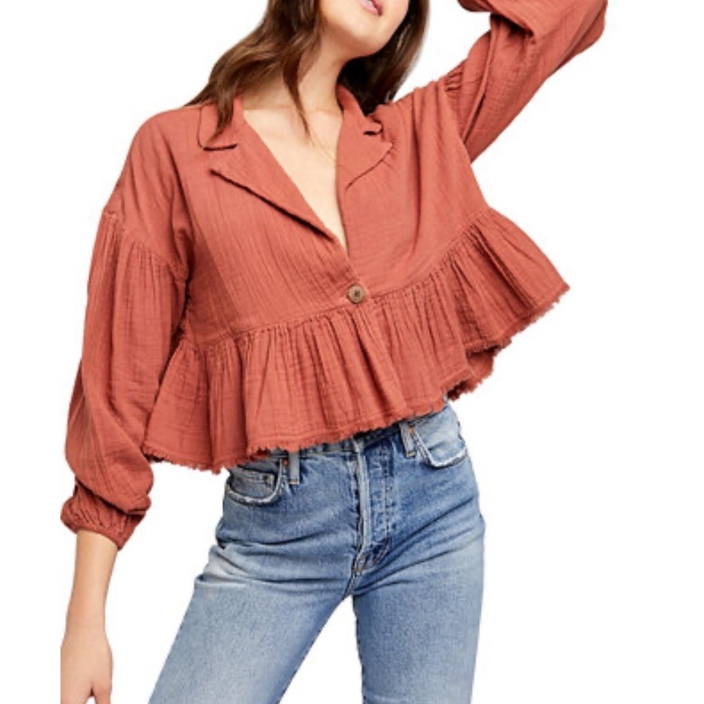 Free People Lyra Rust Orange Gauze Peplum Top Long Sleeve‎ Cropped Small S